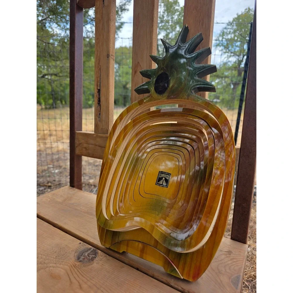Equinoccio Wooden Pineapple Collapsible Fruit Basket Spiral Cut Tropical Decor